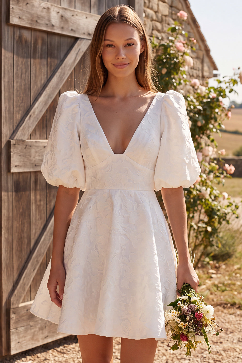 Ivory V-Neck A Line Short Jacquard Puff Sleeves Civil Wedding Dress