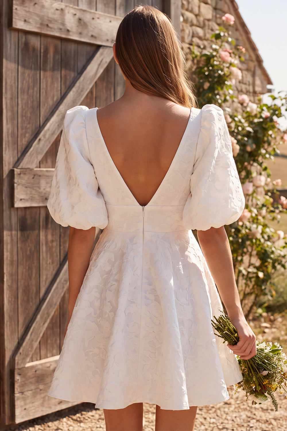 Ivory V-Neck A Line Short Jacquard Puff Sleeves Civil Wedding Dress