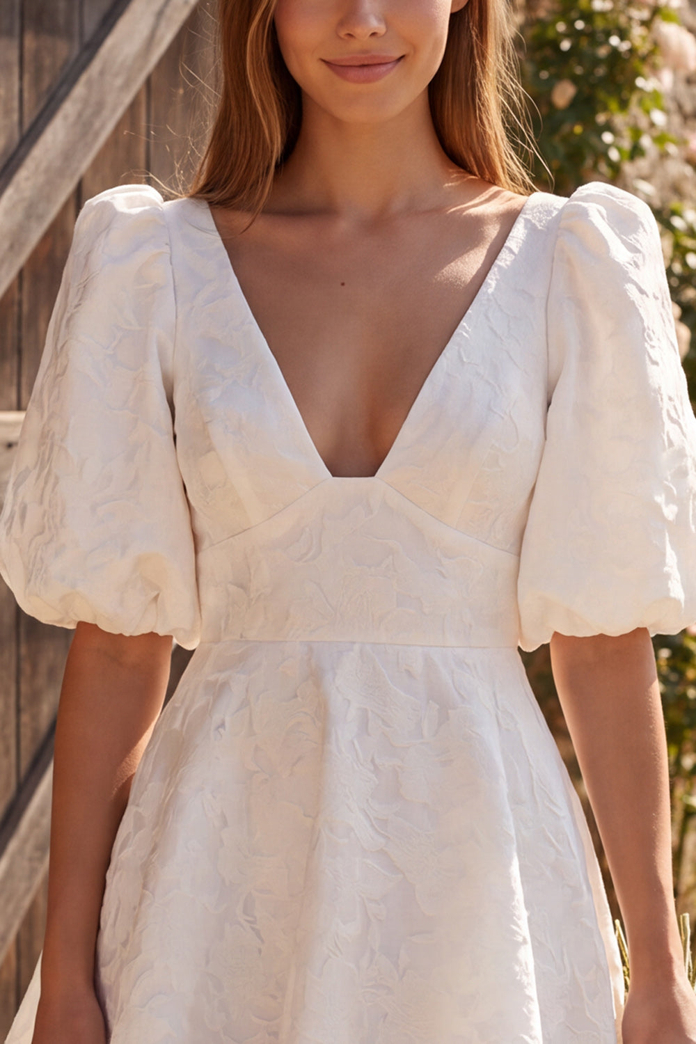 Ivory V-Neck A Line Short Jacquard Puff Sleeves Civil Wedding Dress