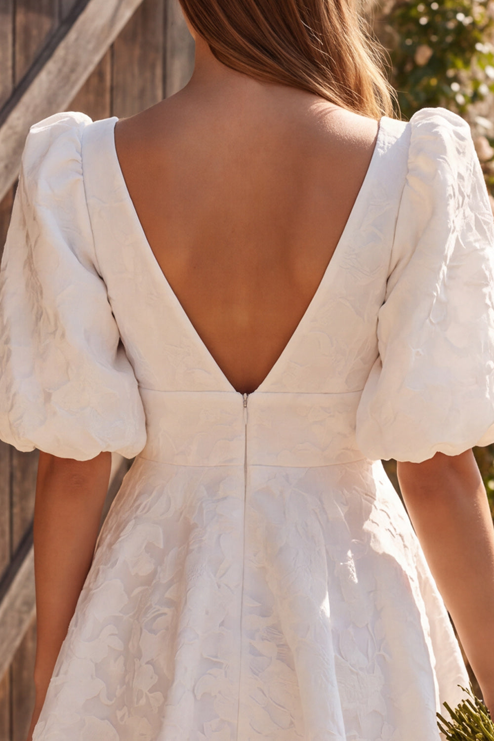 Ivory V-Neck A Line Short Jacquard Puff Sleeves Civil Wedding Dress