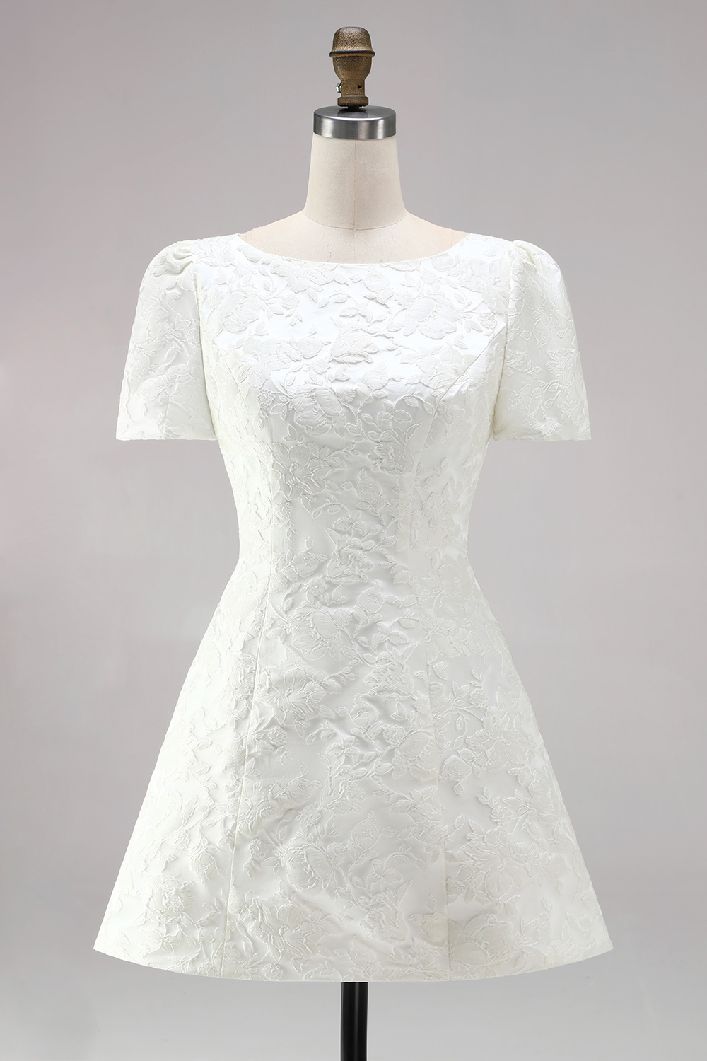 Ivory Boat Neck Tight Short Sleeves Jacquard Civil Wedding Dress