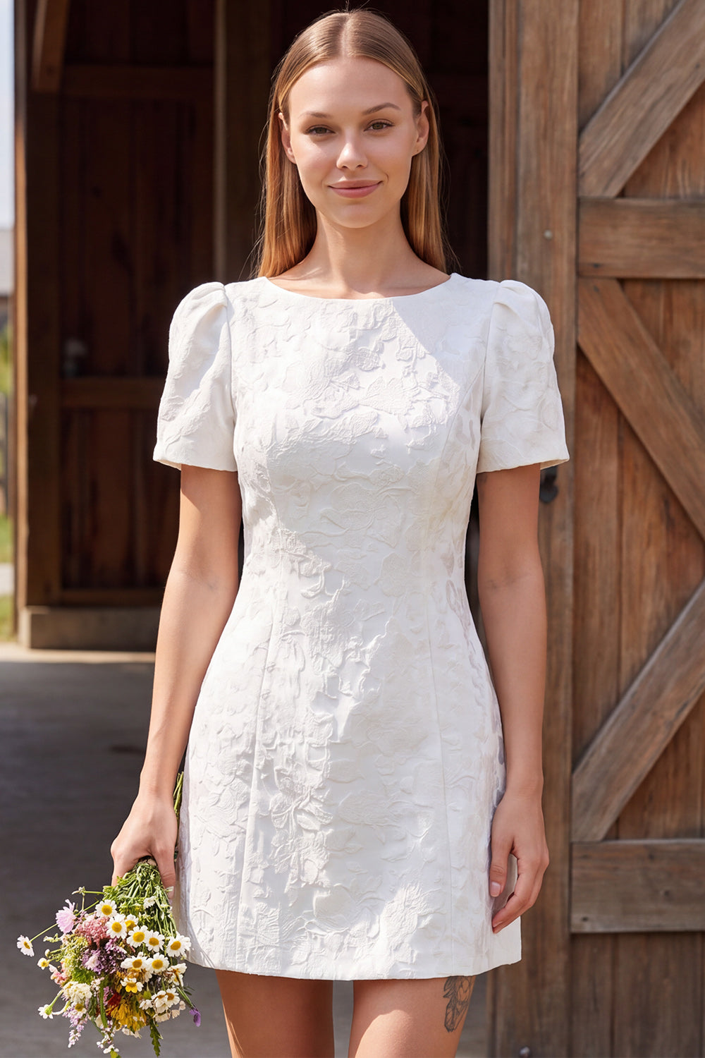 Ivory Boat Neck Tight Short Sleeves Jacquard Civil Wedding Dress
