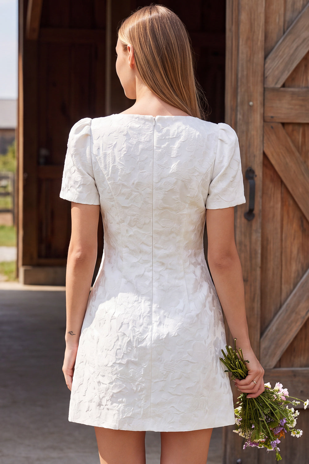 Ivory Boat Neck Tight Short Sleeves Jacquard Civil Wedding Dress