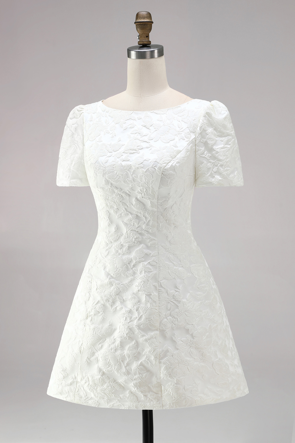 Ivory Boat Neck Tight Short Sleeves Jacquard Civil Wedding Dress