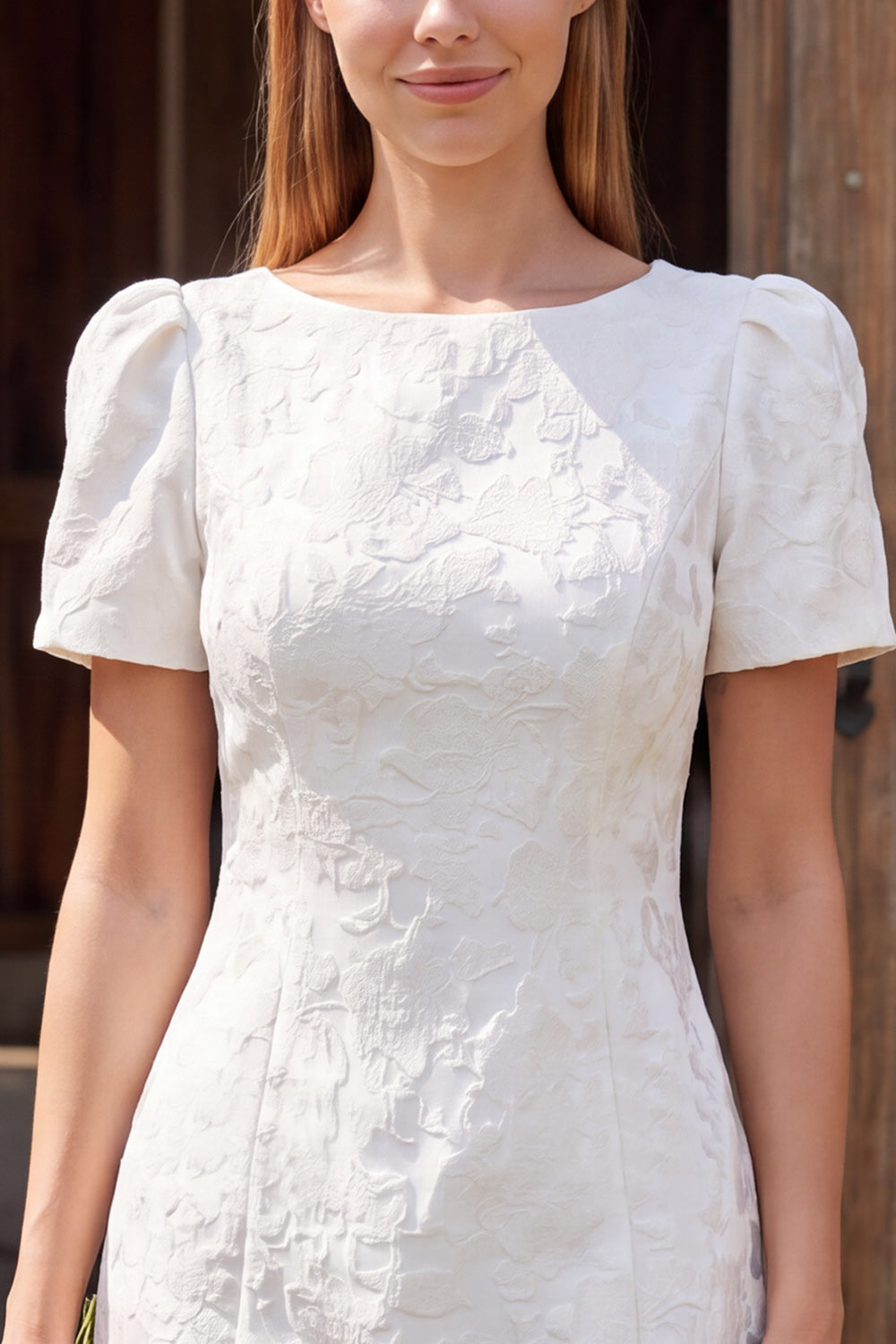 Ivory Boat Neck Tight Short Sleeves Jacquard Civil Wedding Dress
