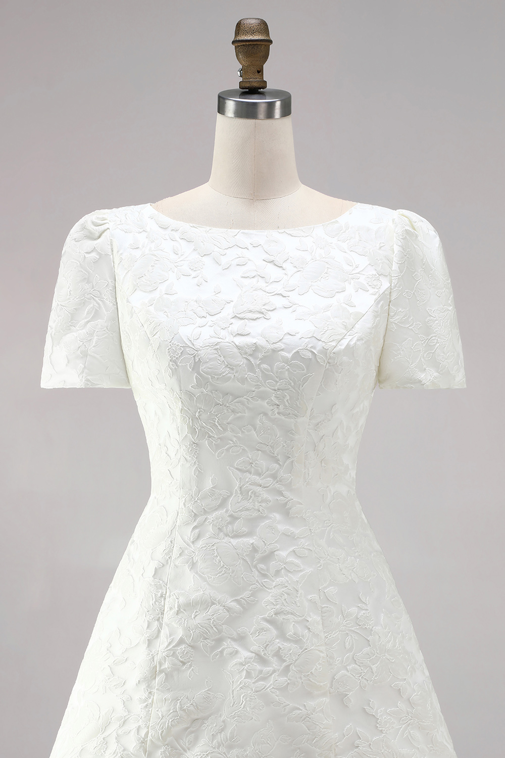 Ivory Boat Neck Tight Short Sleeves Jacquard Civil Wedding Dress