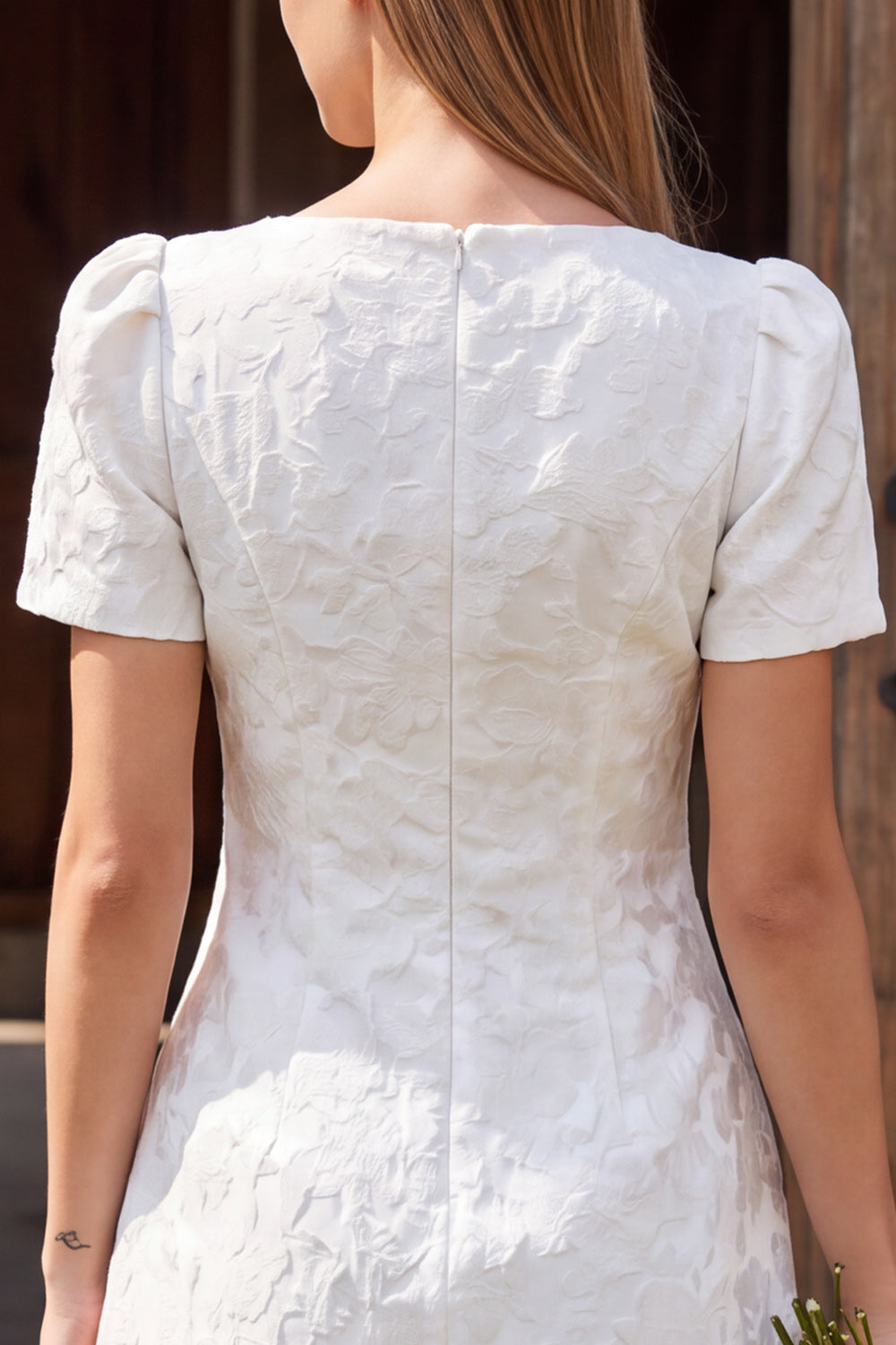 Ivory Boat Neck Tight Short Sleeves Jacquard Civil Wedding Dress