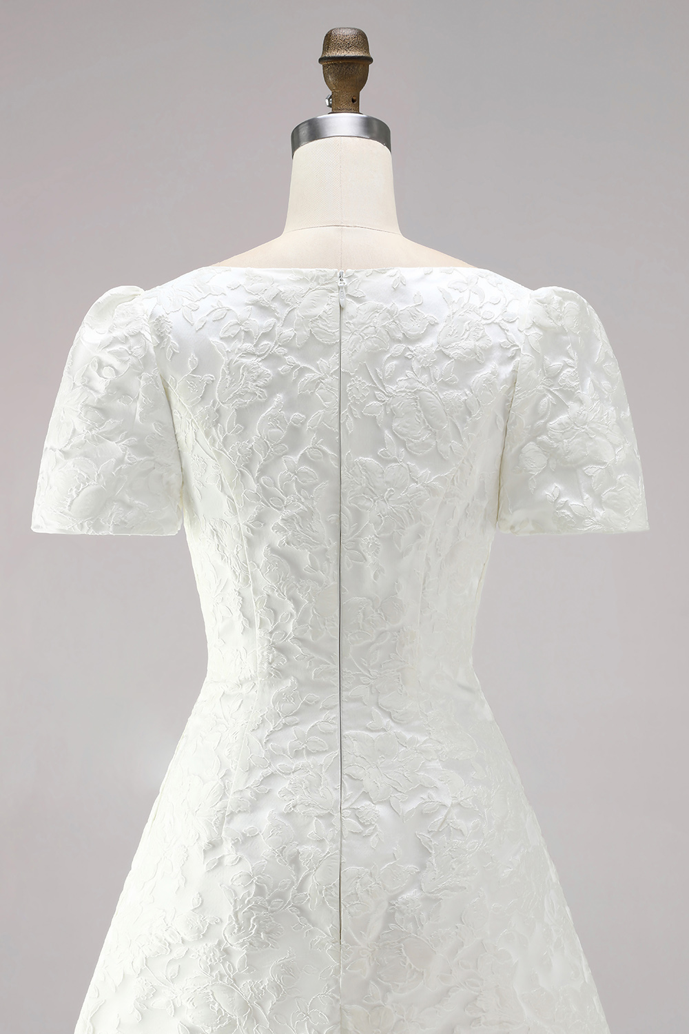 Ivory Boat Neck Tight Short Sleeves Jacquard Civil Wedding Dress