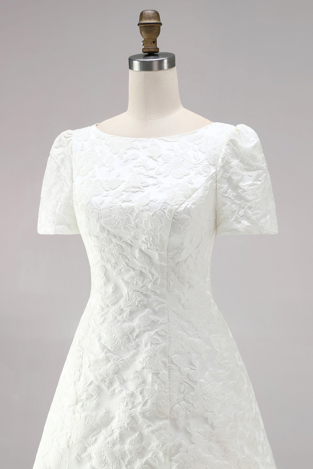 Ivory Boat Neck Tight Short Sleeves Jacquard Civil Wedding Dress