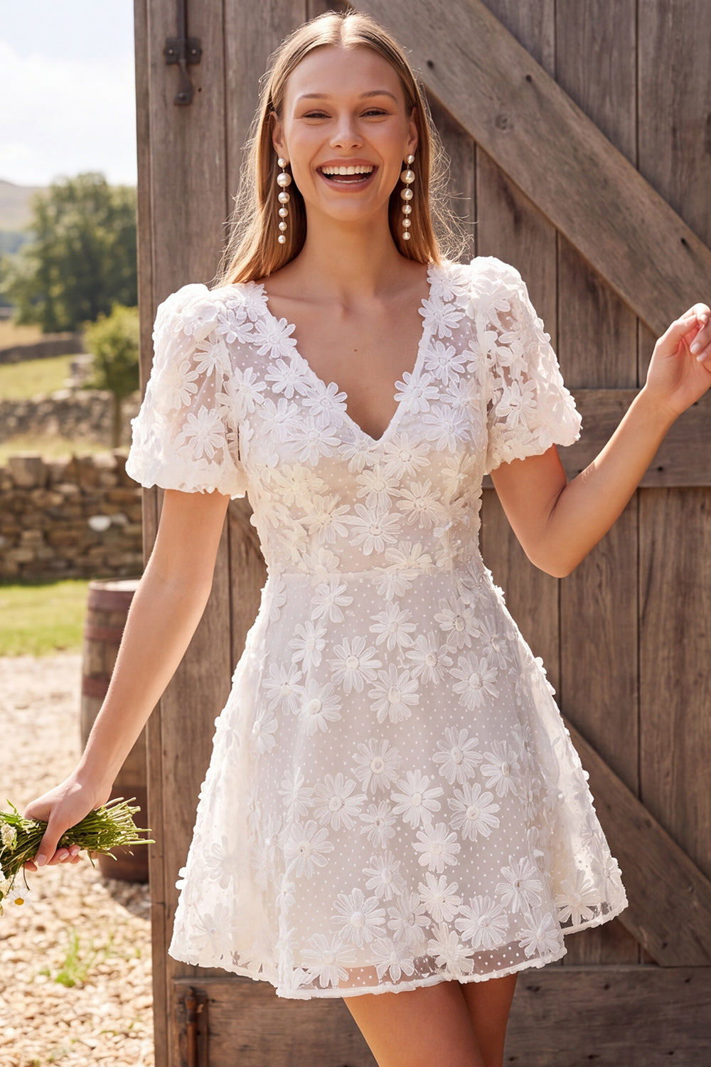 Ivory A Line Floral V-Neck Short Civil Wedding Dress with Sleeves
