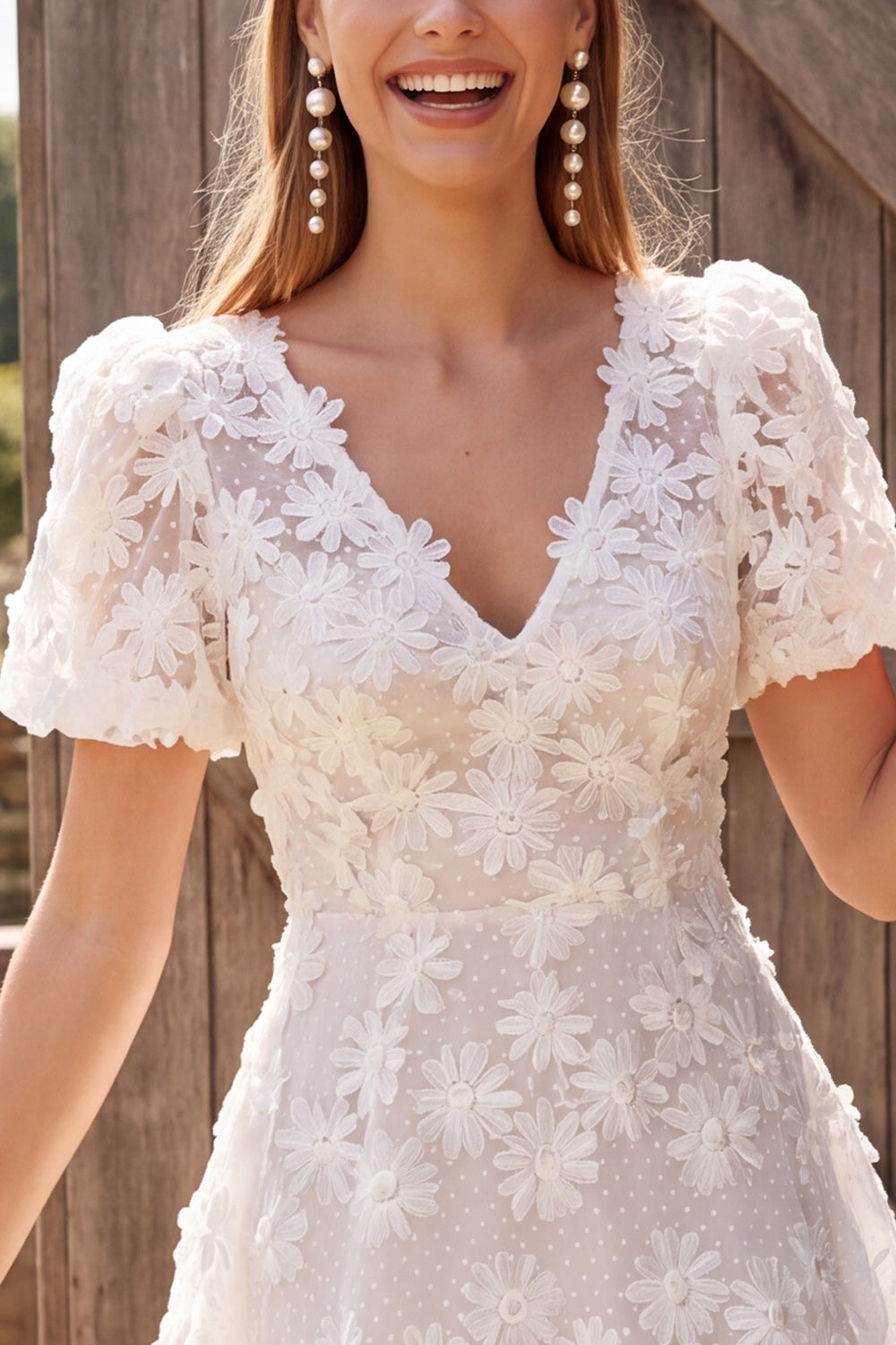 Ivory A Line Floral V-Neck Short Civil Wedding Dress with Sleeves