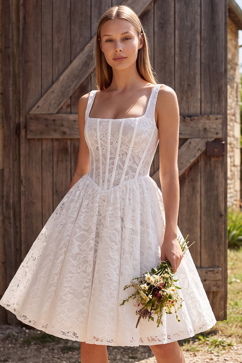 Ivory Corset A Line Square Neck Short Lace Engagement Dress