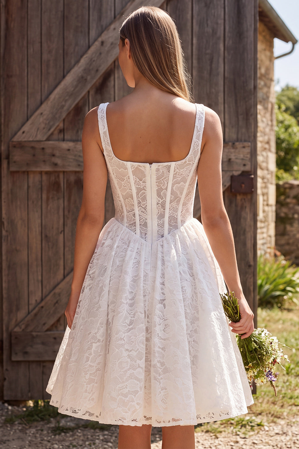 Ivory Corset A Line Square Neck Short Lace Engagement Dress