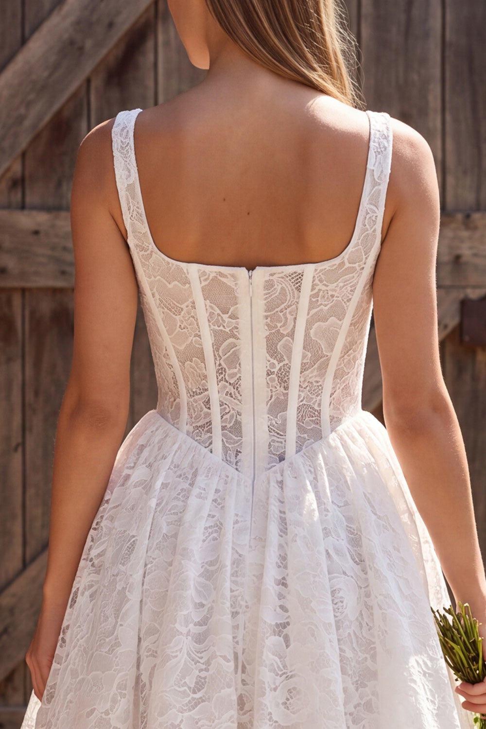 Ivory Corset A Line Square Neck Short Lace Engagement Dress
