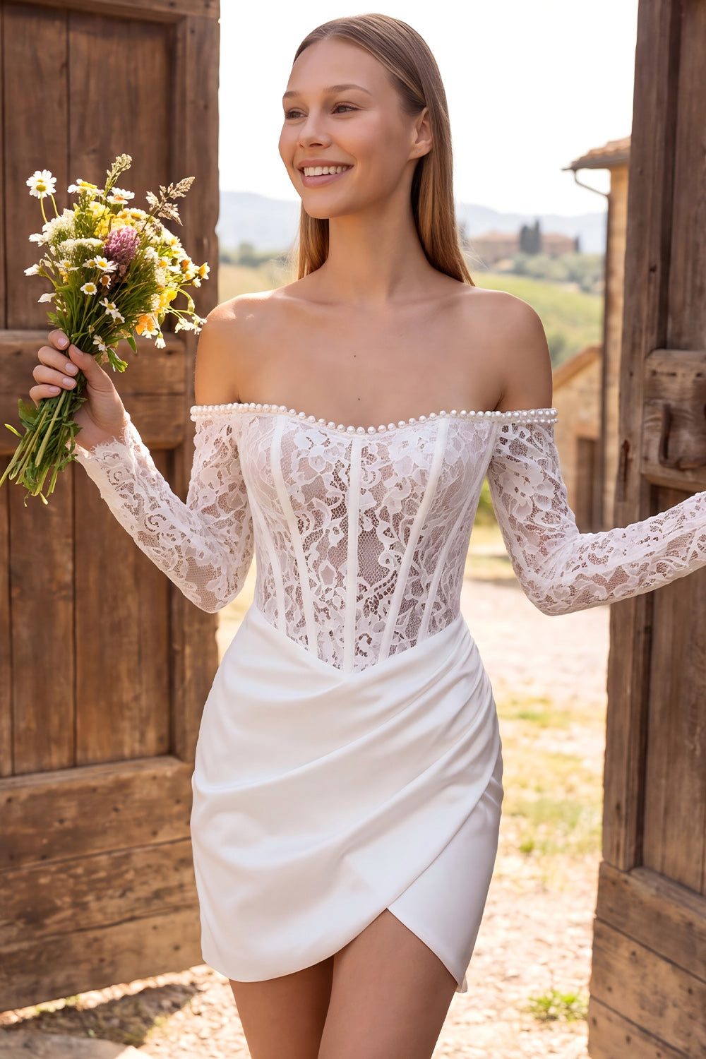 Ivory Lace Corset Tight Ruched Short Bridal Shower Dress with Pearls