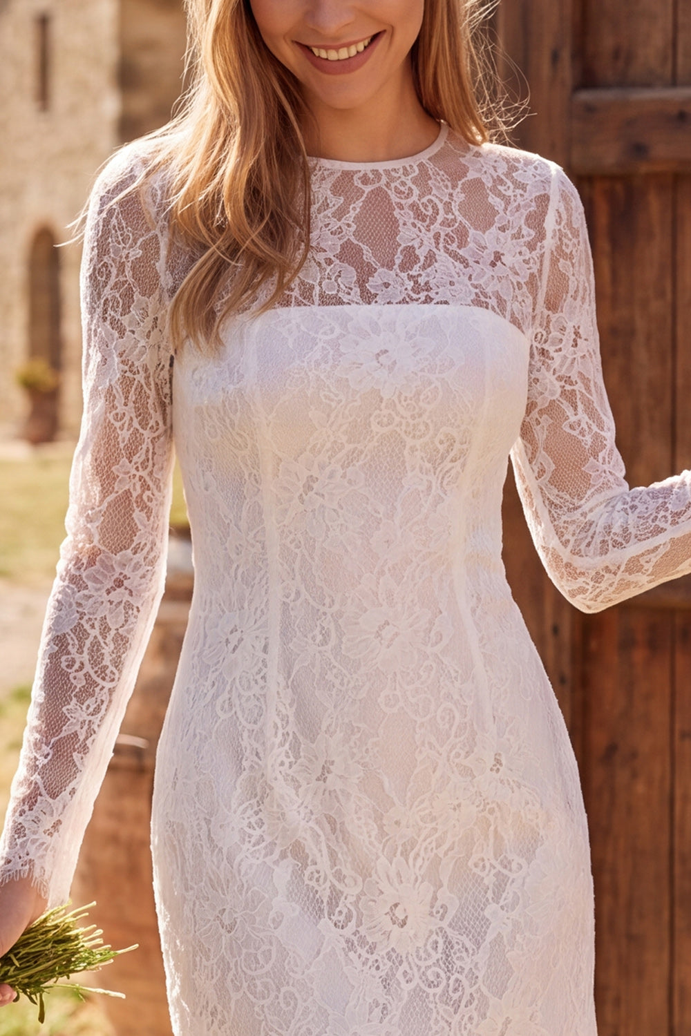 Ivory Floral Tight Long Sleeves Lace Short Bridal Shower Dress