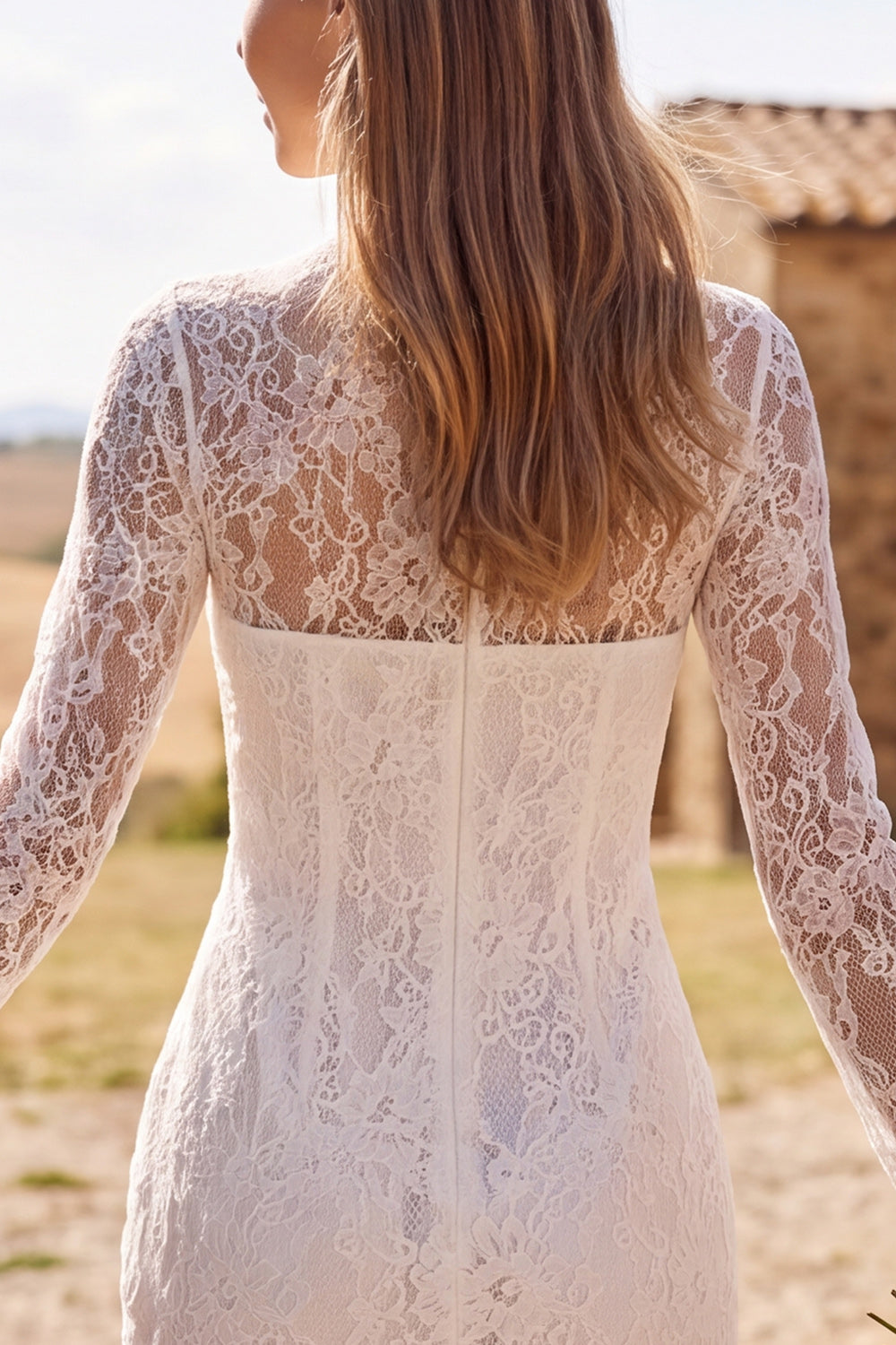 Ivory Floral Tight Long Sleeves Lace Short Bridal Shower Dress