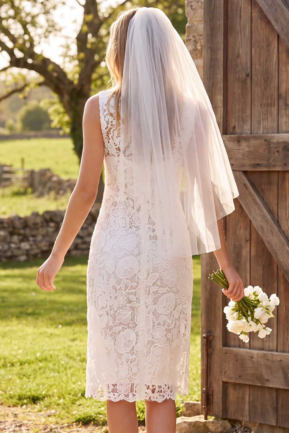 Ivory Floral Boat Neck Bodycon Lace Midi Engagement Dress