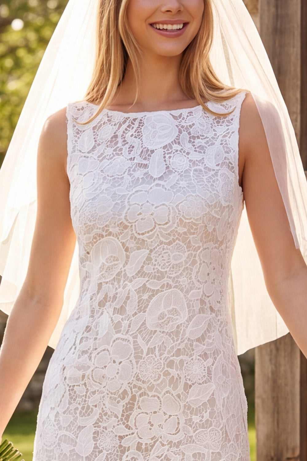 Ivory Floral Boat Neck Bodycon Lace Midi Engagement Dress