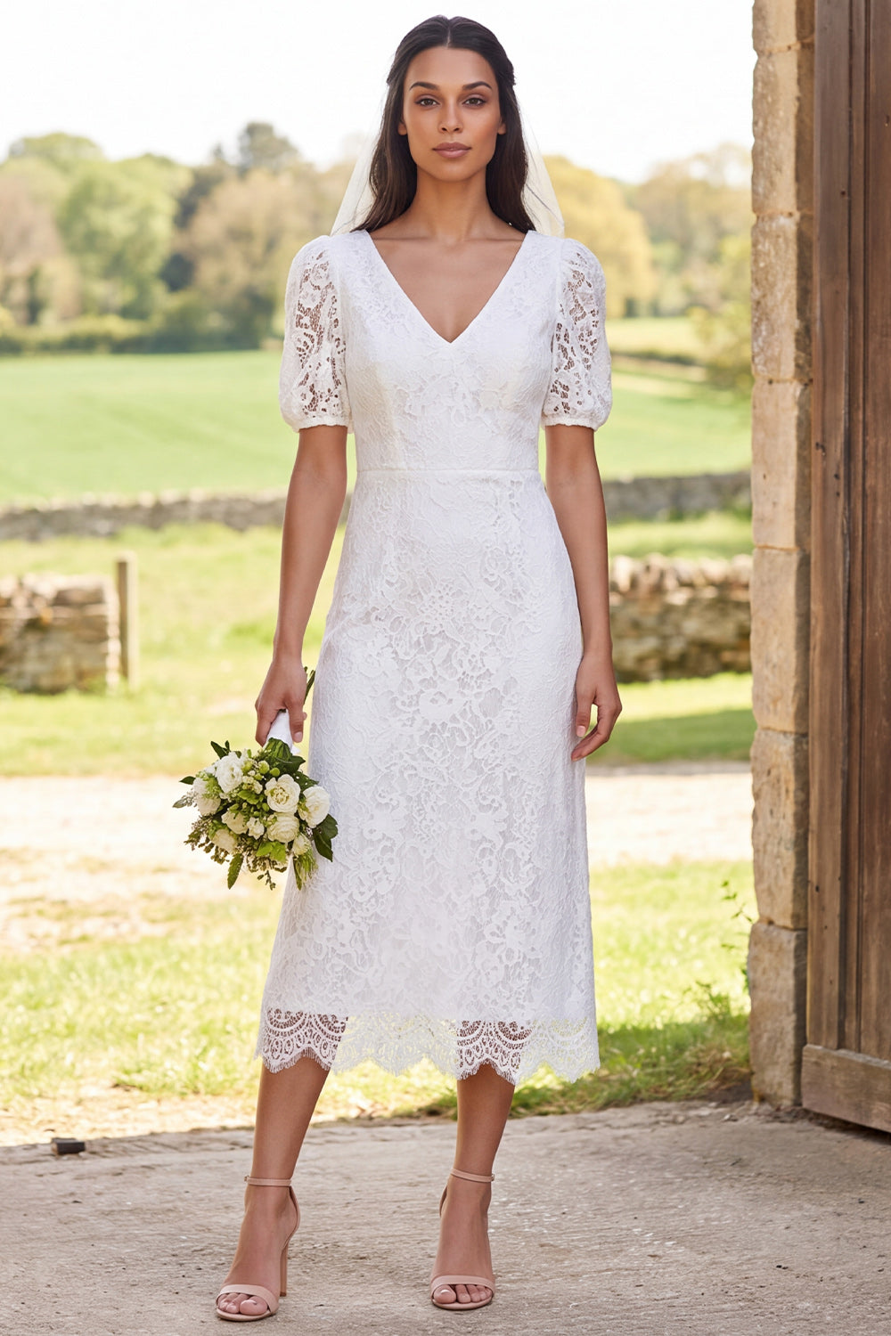 Ivory Floral Bodycon V-Neck Lace Midi Civil Wedding Dress with Sleeves