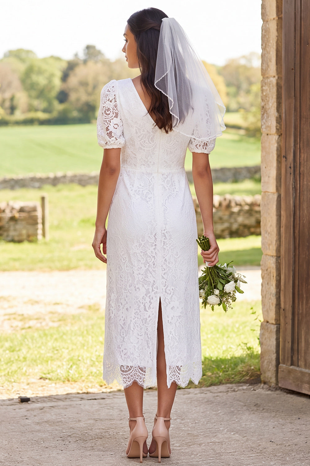 Ivory Floral Bodycon V-Neck Lace Midi Civil Wedding Dress with Sleeves