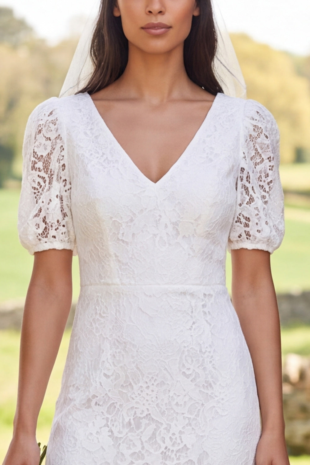 Ivory Floral Bodycon V-Neck Lace Midi Civil Wedding Dress with Sleeves