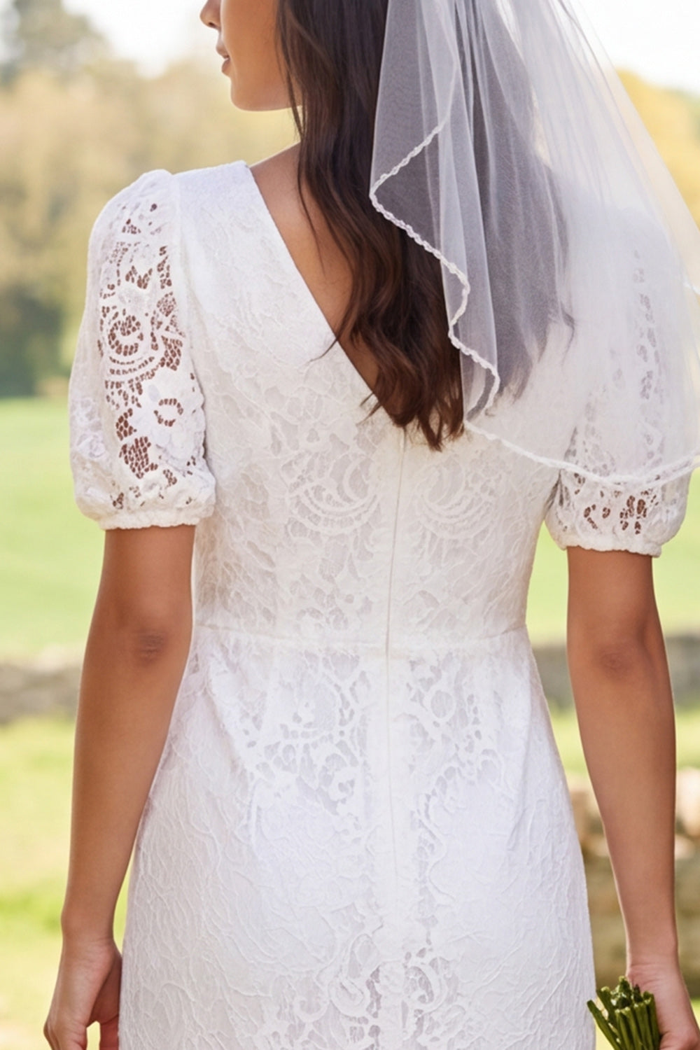 Ivory Floral Bodycon V-Neck Lace Midi Civil Wedding Dress with Sleeves