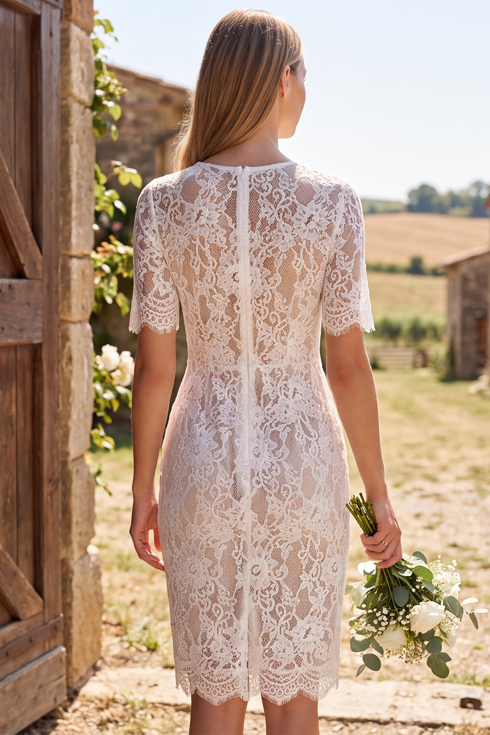 Ivory Floral Round Neck Bodycon Lace Midi Rehearsal Dinner Dress with Sleeves