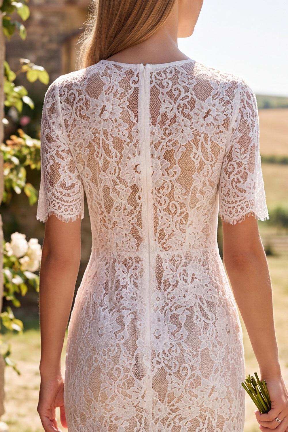 Ivory Floral Round Neck Bodycon Lace Midi Rehearsal Dinner Dress with Sleeves