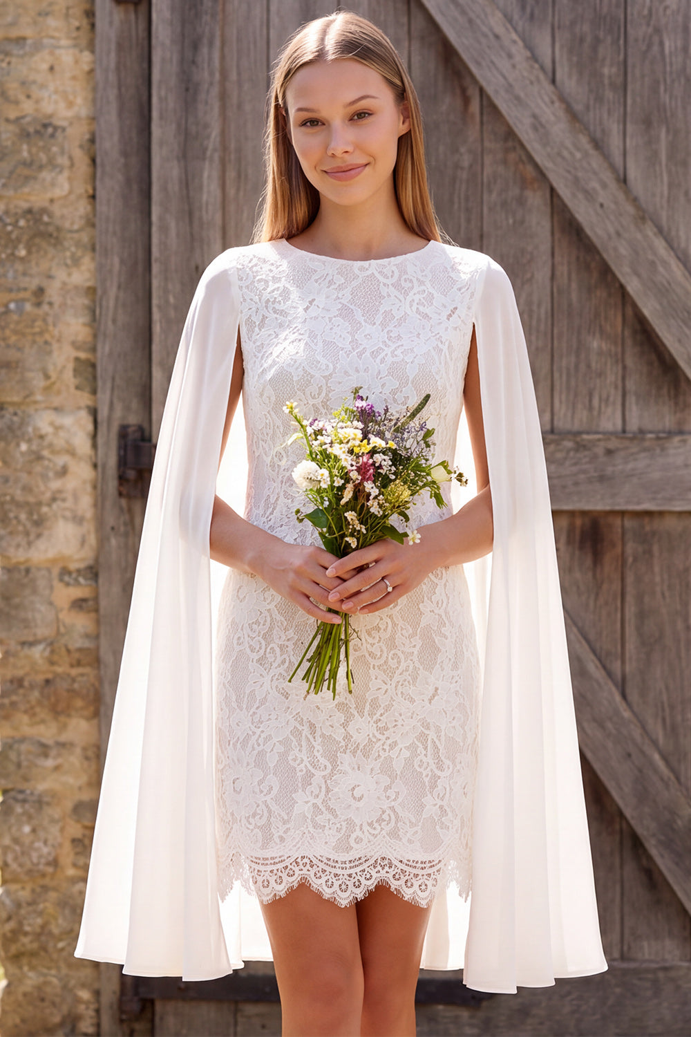 Ivory Floral Lace Tight Round Neck Short Civil Wedding Dress with Cape