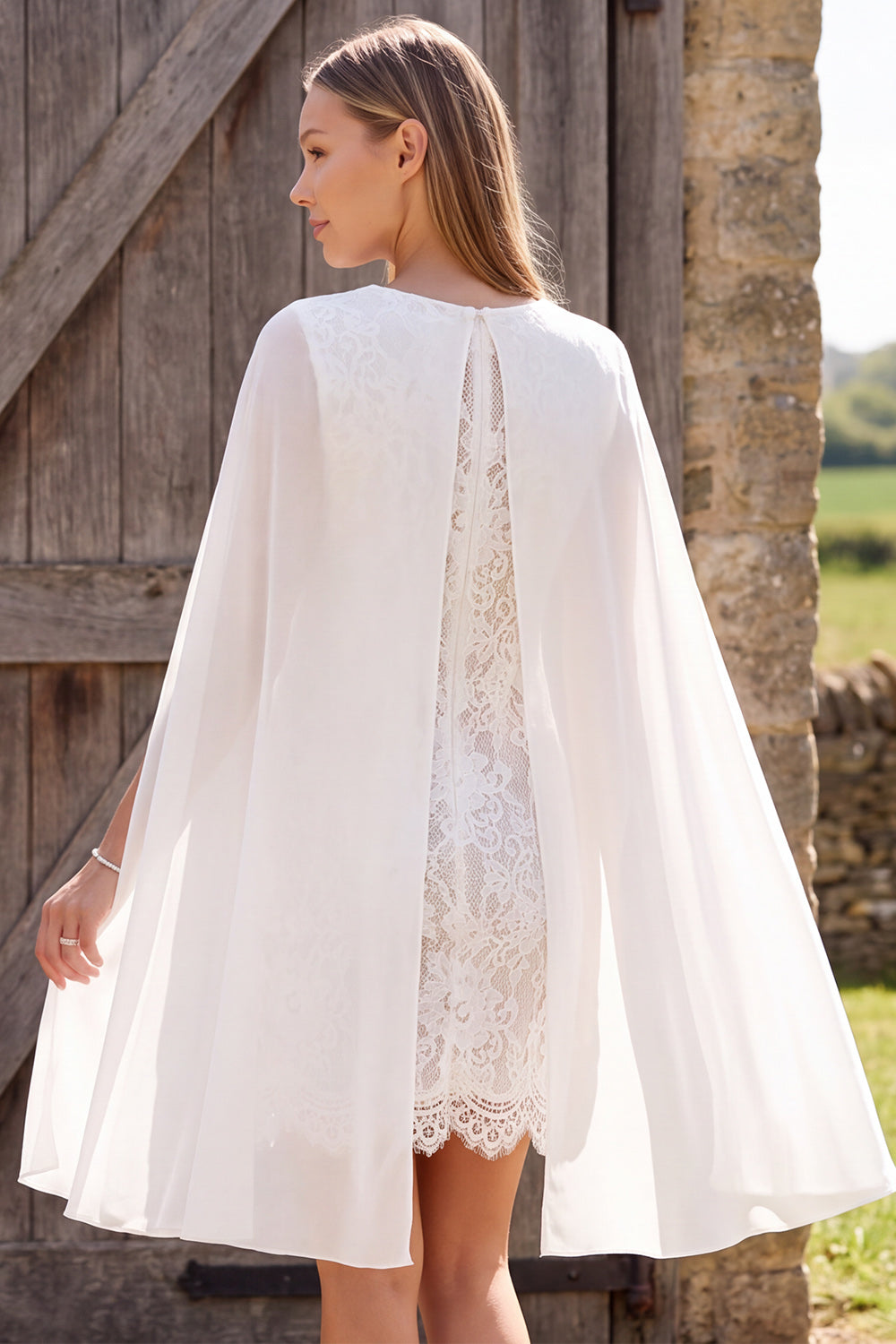 Ivory Floral Lace Tight Round Neck Short Civil Wedding Dress with Cape