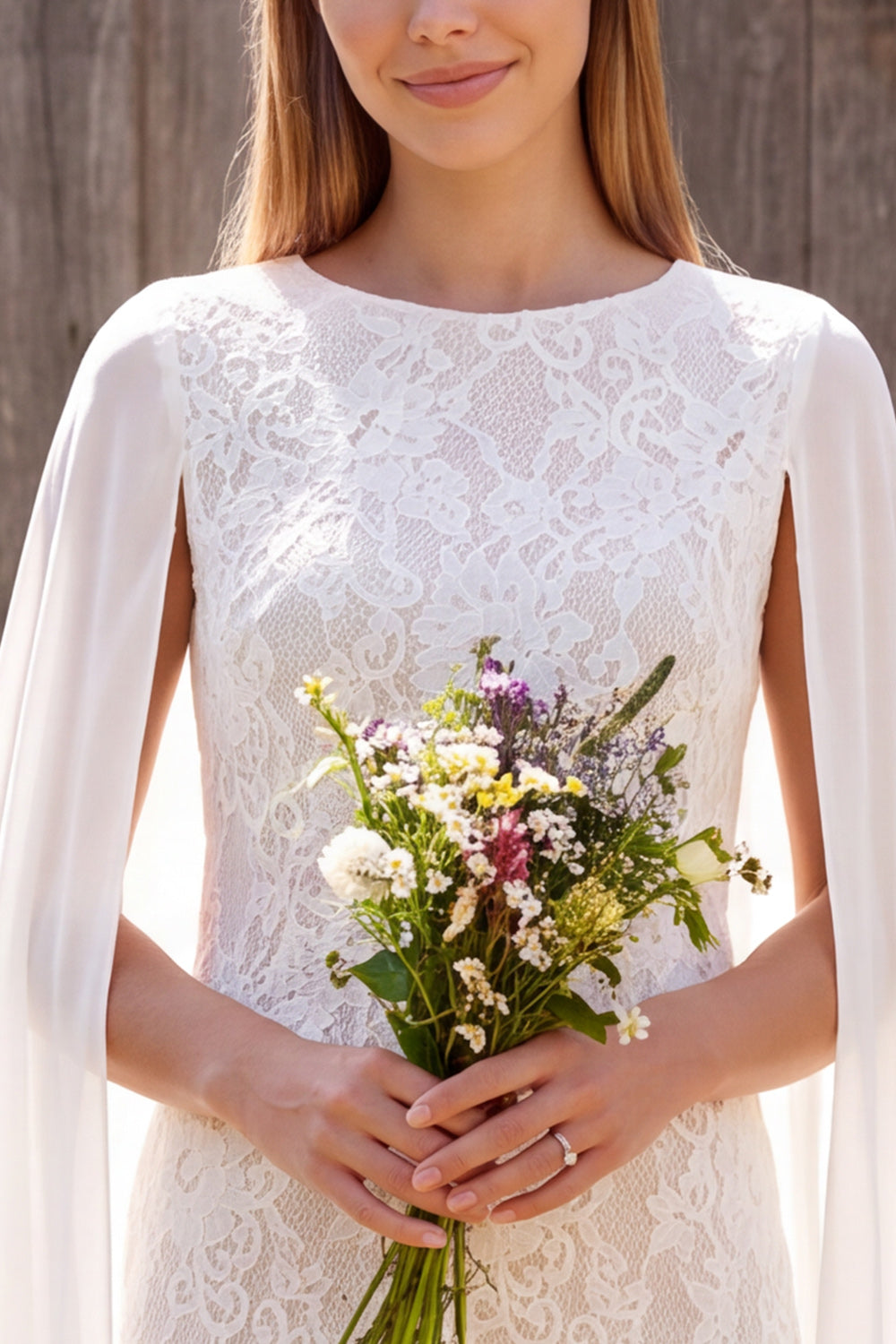 Ivory Floral Lace Tight Round Neck Short Civil Wedding Dress with Cape