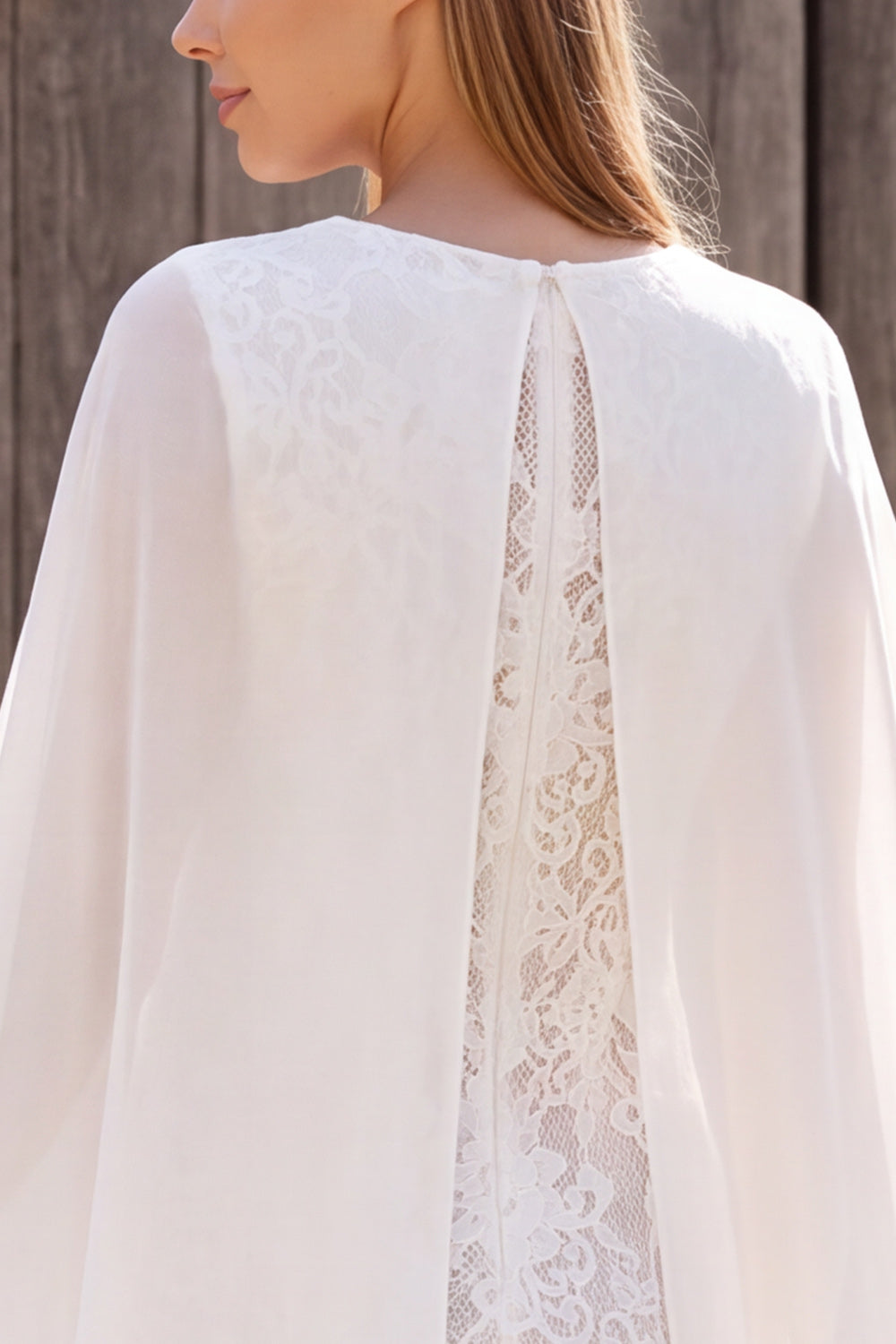 Ivory Floral Lace Tight Round Neck Short Civil Wedding Dress with Cape