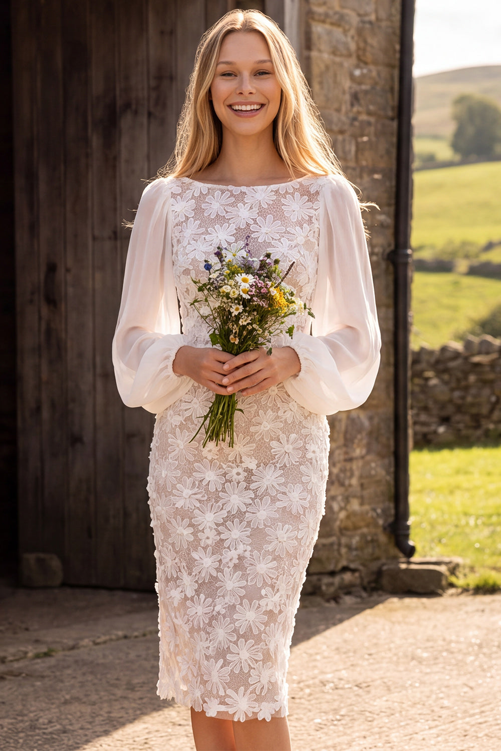 Ivory Lace Floral Bateau Neck Long Sleeves Midi Civil Wedding Dress