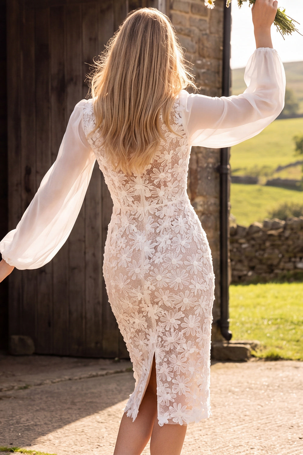 Ivory Lace Floral Bateau Neck Long Sleeves Midi Civil Wedding Dress