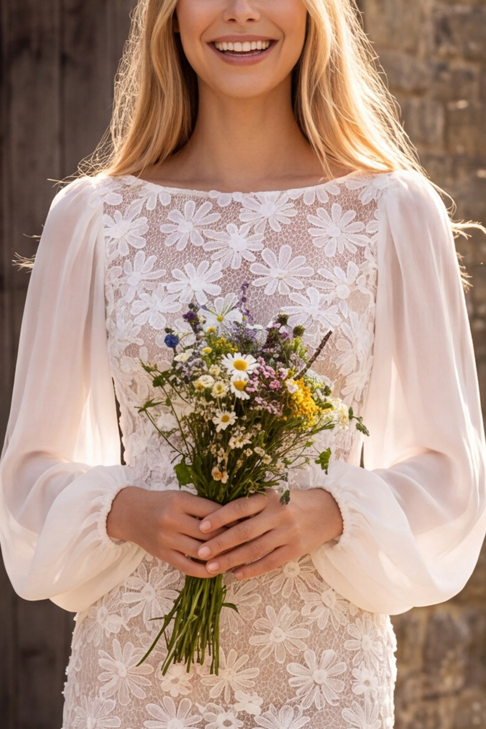 Ivory Lace Floral Bateau Neck Long Sleeves Midi Civil Wedding Dress