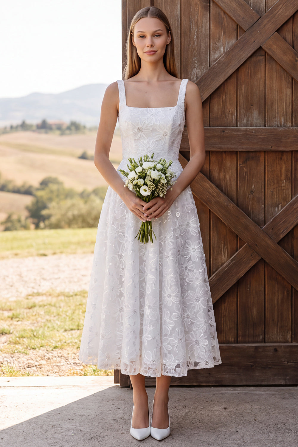 Floral Ivory Lace Corset A Line Sequin Midi Engagement Dress