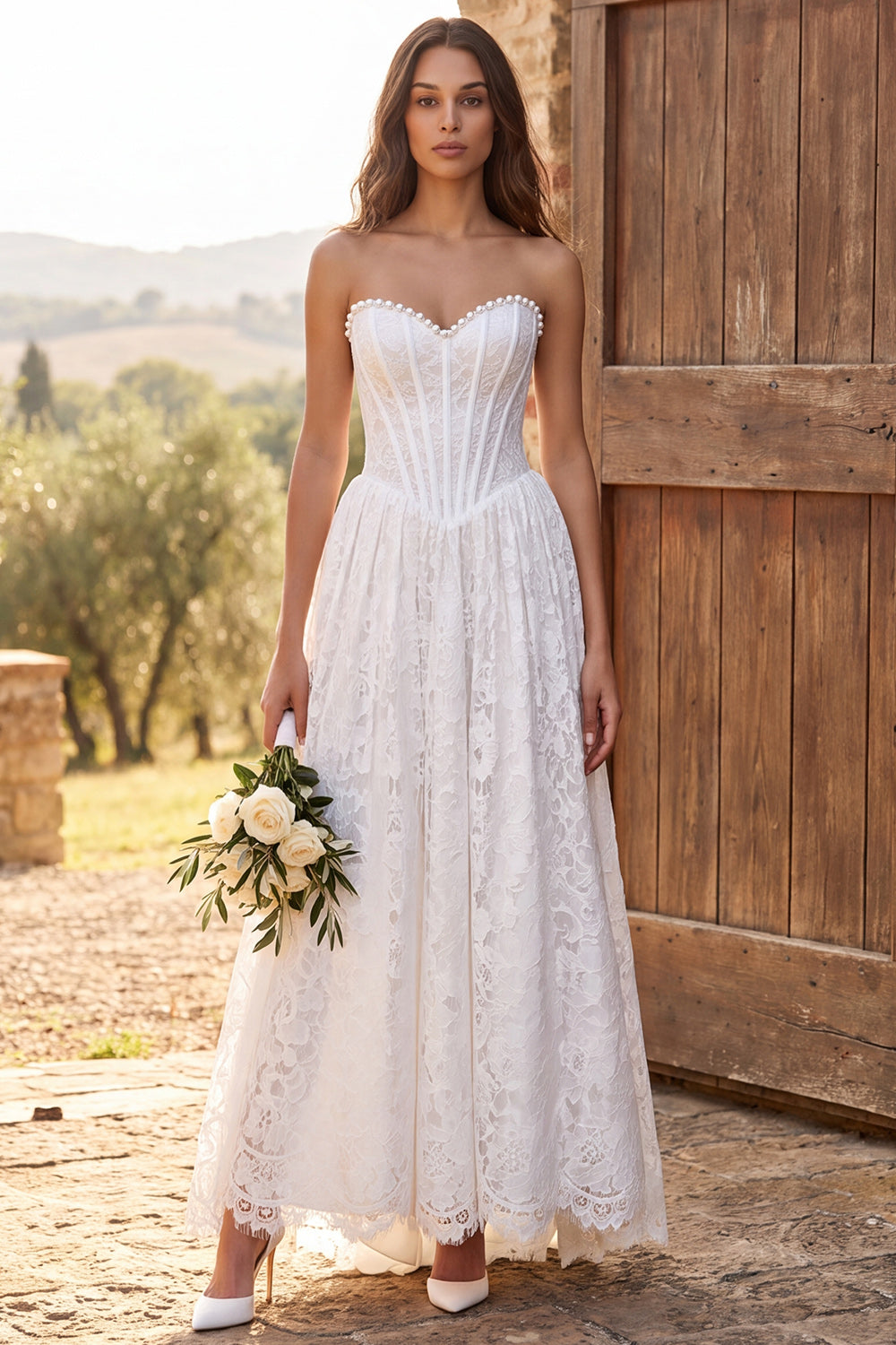 Ivory Sweetheart Lace Corset A Line Long Rehearsal Dinner Dress with Pearls