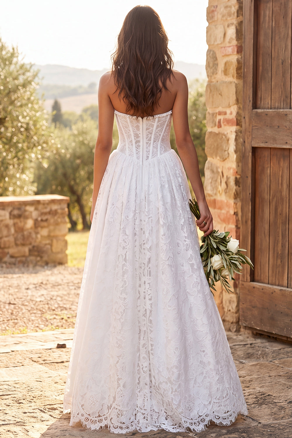 Ivory Sweetheart Lace Corset A Line Long Rehearsal Dinner Dress with Pearls
