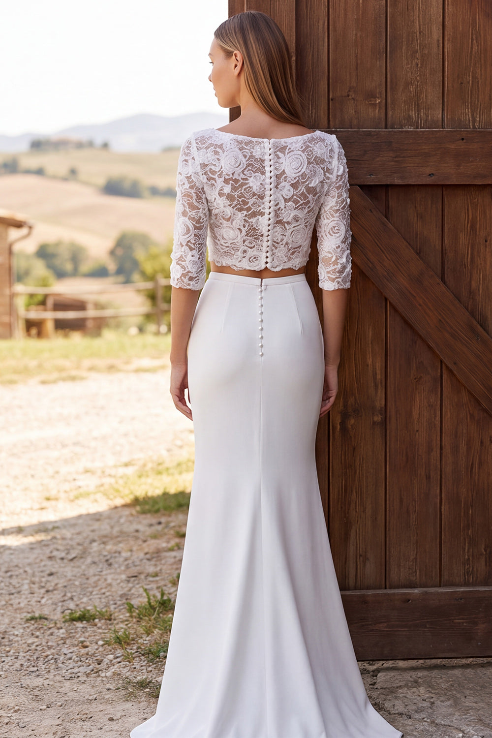 Ivory Boat Neck Two Piece Lace Sweep Train Wedding Dress with Slit