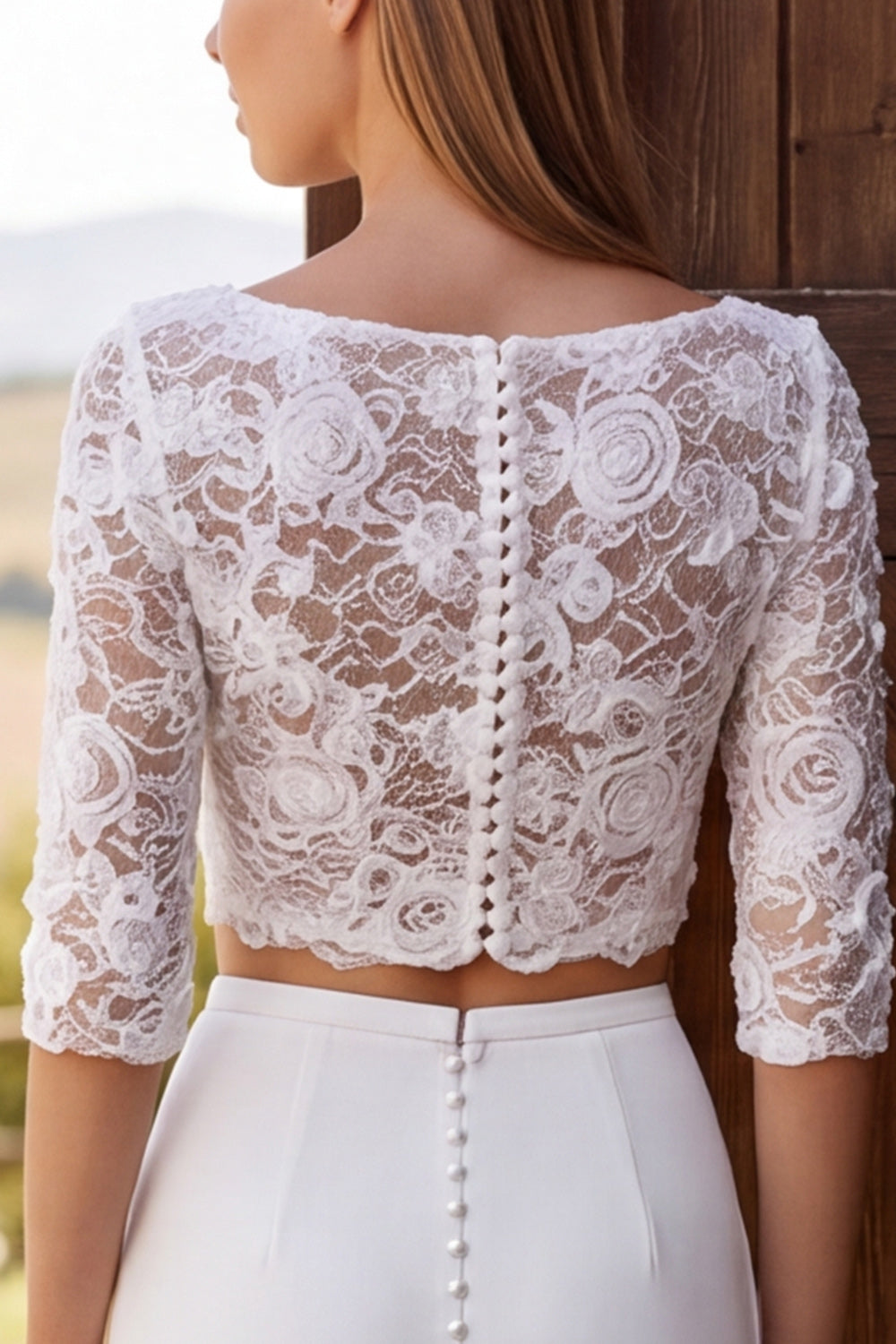 Ivory Boat Neck Two Piece Lace Sweep Train Wedding Dress with Slit