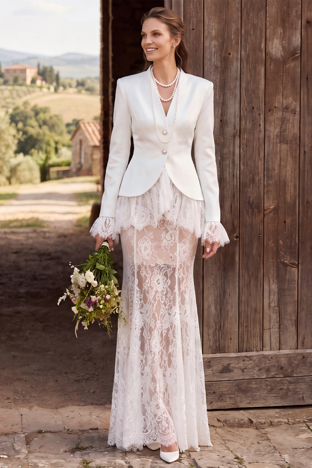Ivory Lace V-Neck Two Piece Sweep Train Boho Blazer Wedding Outfits