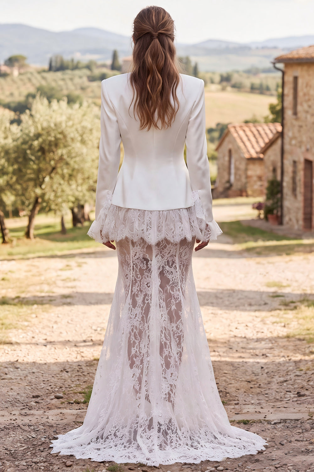 Ivory Lace V-Neck Two Piece Sweep Train Boho Blazer Wedding Outfits