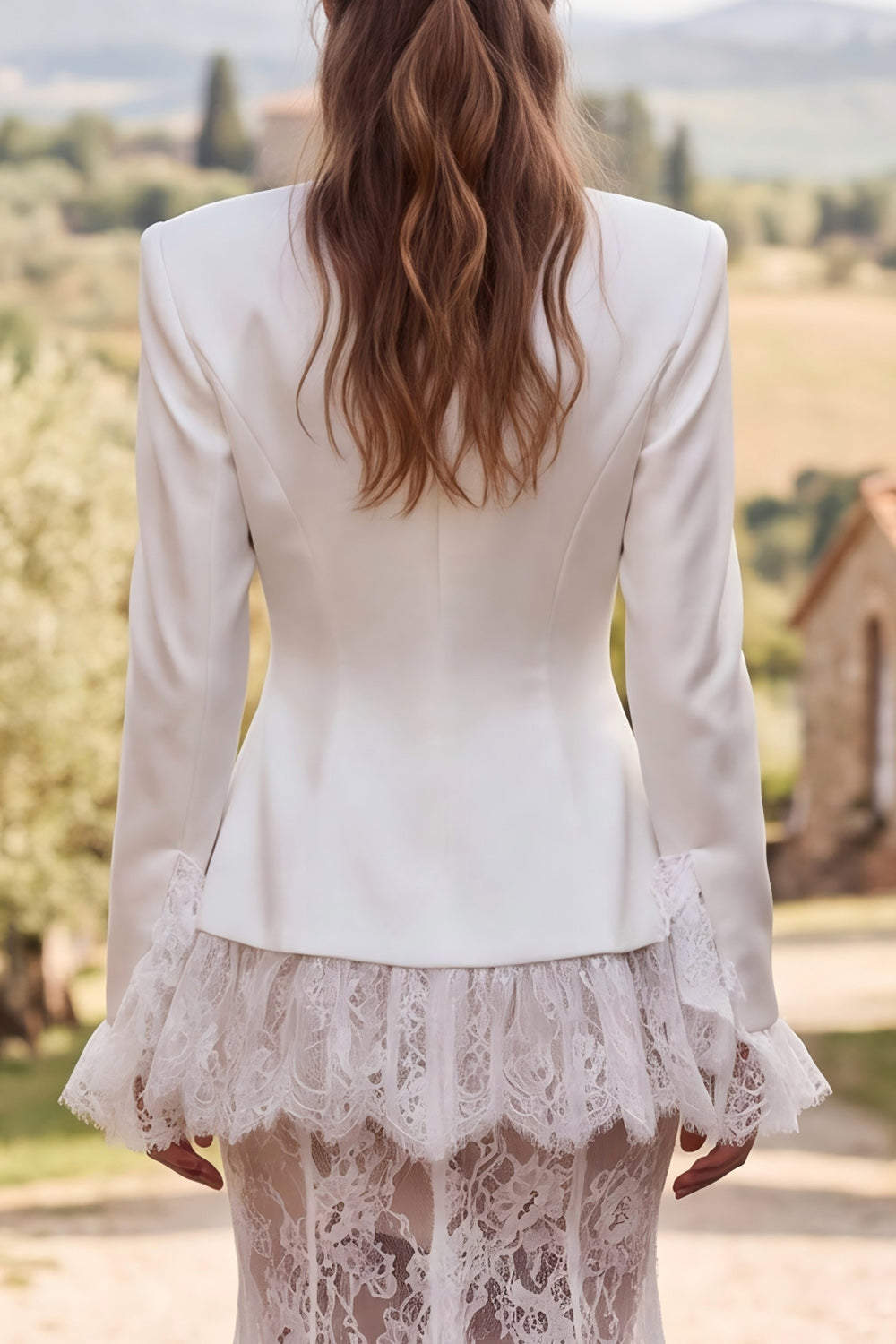 Ivory Lace V-Neck Two Piece Sweep Train Boho Blazer Wedding Outfits