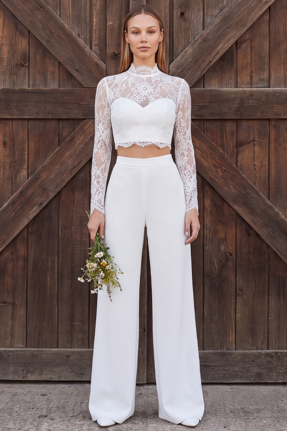 Ivory Lace Long Sleeves High Neck Two Piece Engagement Outfits