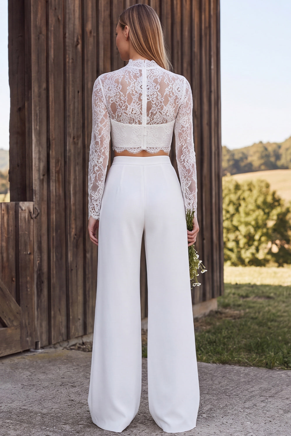 Ivory Lace Long Sleeves High Neck Two Piece Engagement Outfits