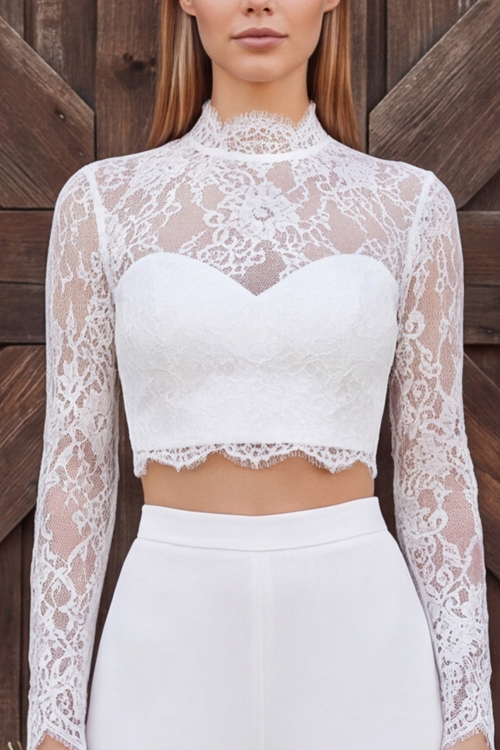 Ivory Lace Long Sleeves High Neck Two Piece Engagement Outfits