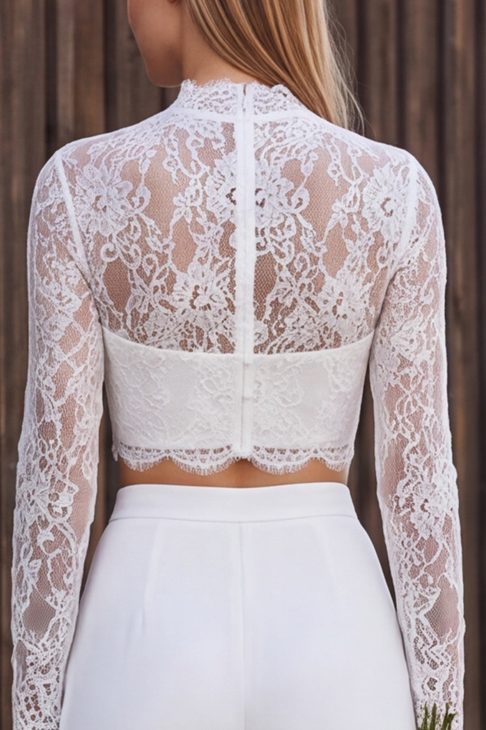 Ivory Lace Long Sleeves High Neck Two Piece Engagement Outfits