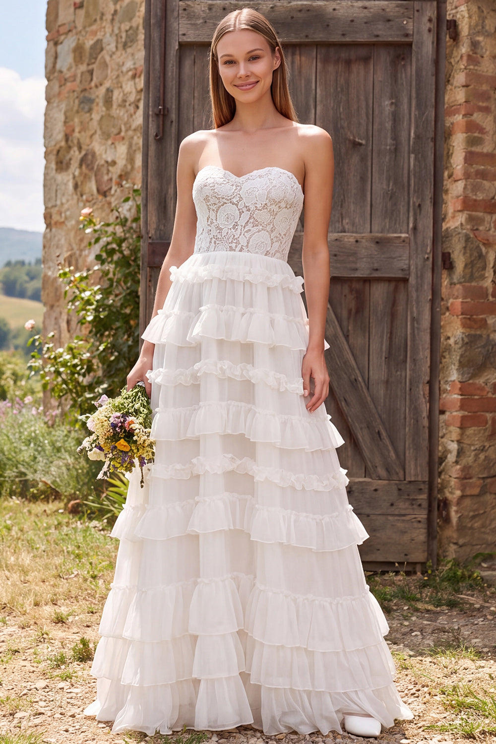 Ivory Chiffon Floral A Line Tiered Ruffled Long Rehearsal Dinner Dress