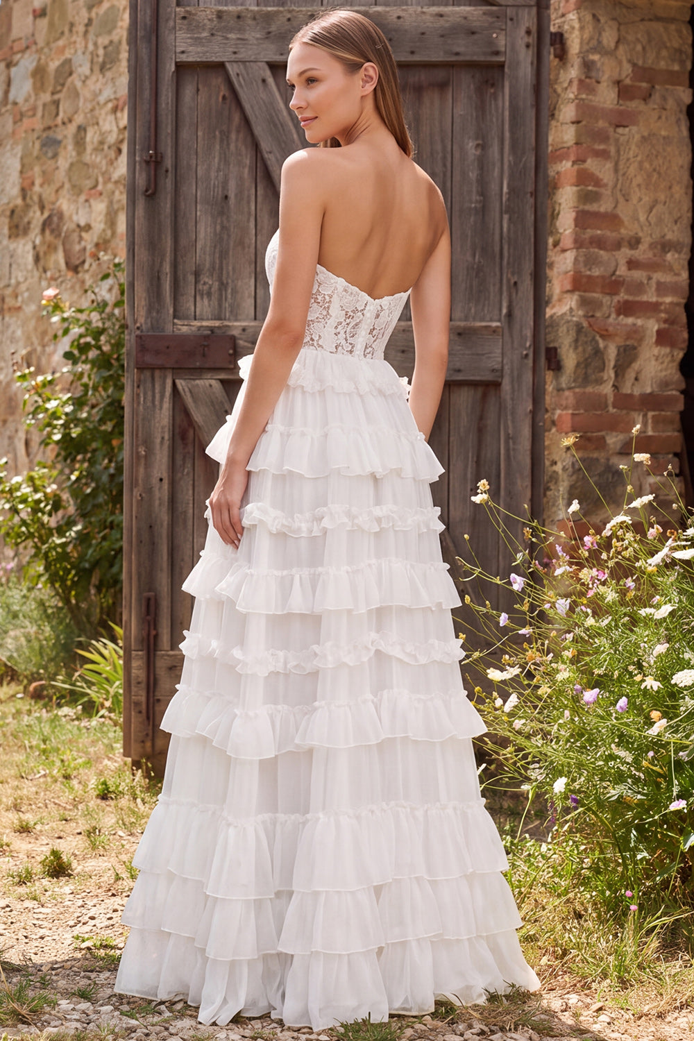 Ivory Chiffon Floral A Line Tiered Ruffled Long Rehearsal Dinner Dress